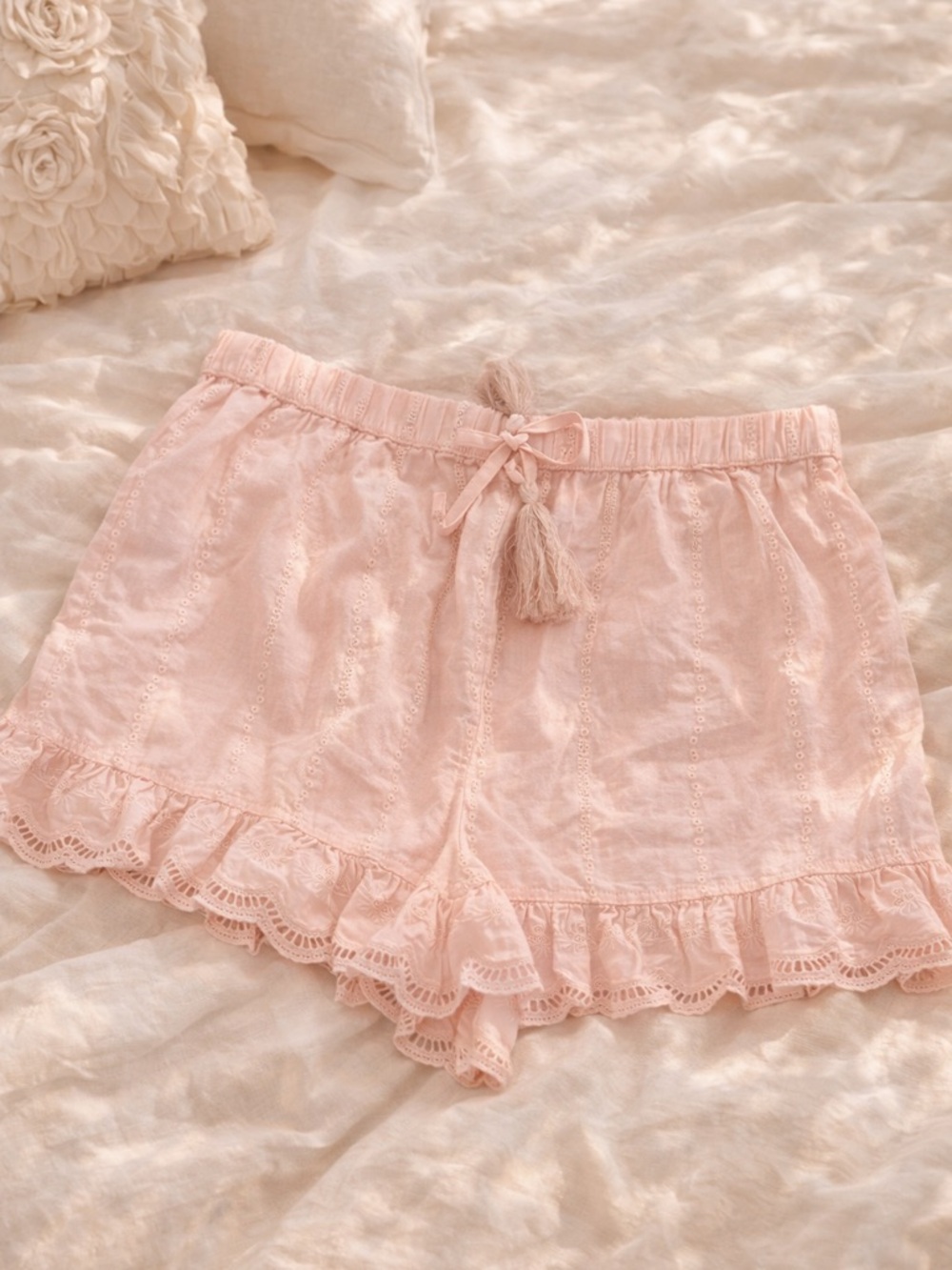 Shabby Chic Pink Eyelet Lace Ruffle Shorts L Cotton Boho Lounge